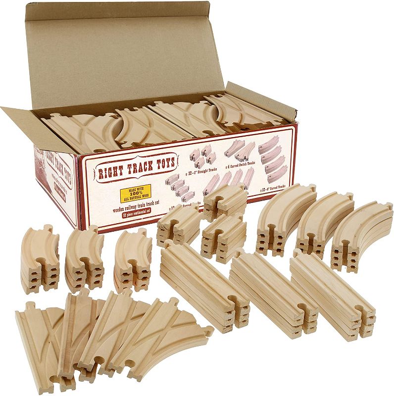 Photo 1 of Wooden Train Track 52 Piece Set - 18 Feet Of Track Expansion And 5 Distinct Pieces - 100% Compatible with All Major Brands Including Thomas Wooden Railway System - by Right Track Toys
