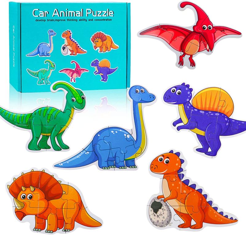 Photo 1 of  6 Pack Big Piece Wooden Dinosaur Jigsaw Puzzles for Toddlers
