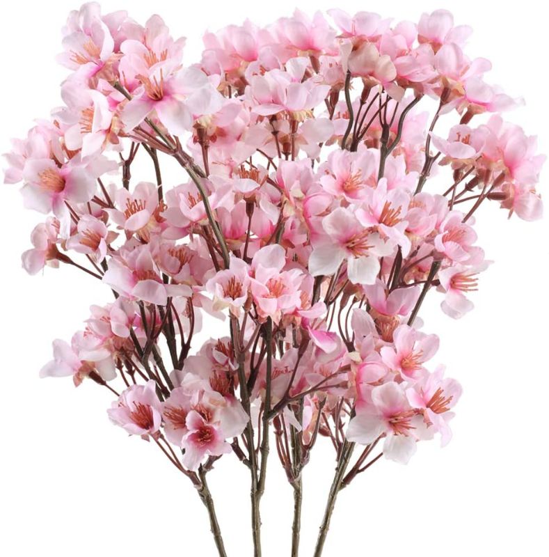 Photo 1 of 4PCS Artificial Flowers Branches Faux Silk Cherry Blossoms Stem Fake Floral for Home Garden