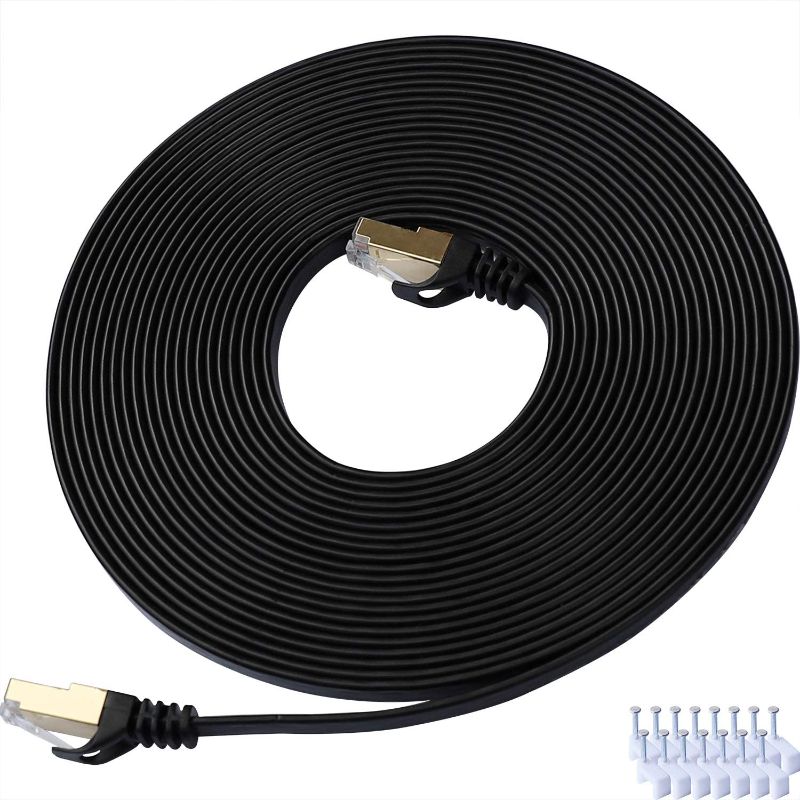 Photo 1 of Cat 7 Ethernet Cable 30 ft LAN Cable Internet Network Cord for PS4, Xbox, Router, Modem, Gaming, Black Flat Shielded 10 Gigabit RJ45 High Speed Computer Patch Wire.