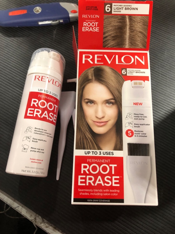 Photo 2 of Permanent Hair Color by Revlon, Permanent Hair Dye, At-Home Root Erase with Applicator Brush for Multiple Use, 100% Gray Coverage, Light Brown (6), 3.2 Fl Oz
