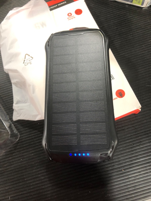 Photo 2 of Portable-Solar-Charger-Power-Bank - 38800mAh External Battery Pack, Dual 5V3.1A Fast Output and Type-C Built-in Qi Wireless Charger and Flashlight(BLACK)