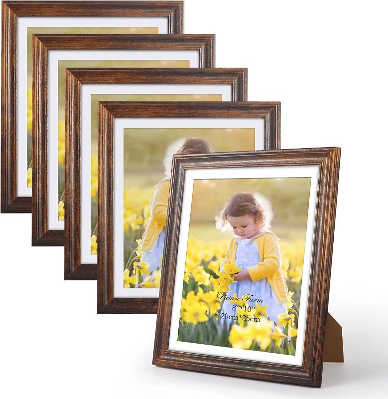 Photo 1 of 9x11 Picture Frame Set of 5, Rustic Wooden Frames Display 8x10 Photos with Mat or 9x11 Photos Without Mat, Table Top and Wall Mounting Décor