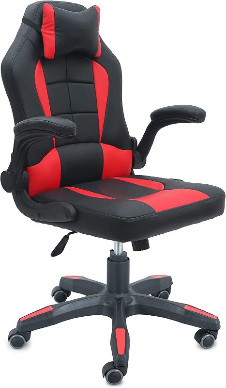 Photo 1 of Comfty Red Fold-Away Leather Gaming Chair with High Back, Pillow Headrest and Padded Armrests, Multicolor, Multi Color