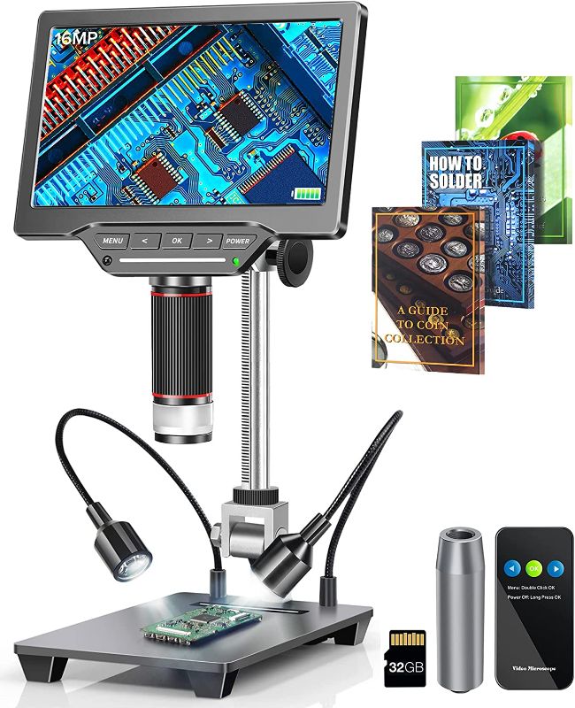 Photo 1 of 7'' HDMI LCD Digital Microscope, Gift with 3 Guidebooks, Extension Tube Included, (1200X-16MP-1080P) Coin Microscope Equipped Alloy Stand, Comes with 32GB Card, 2 Instructions and Remote Control