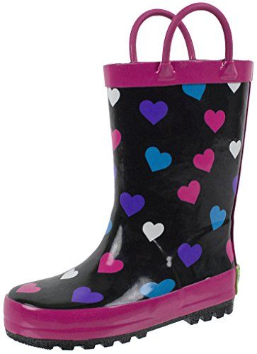 Photo 1 of Rainbow Daze Kids Rain Boots"Rainin' Hearts" Heart Pattern, Waterproof, Rubber, Black Pink, Size 13/1
