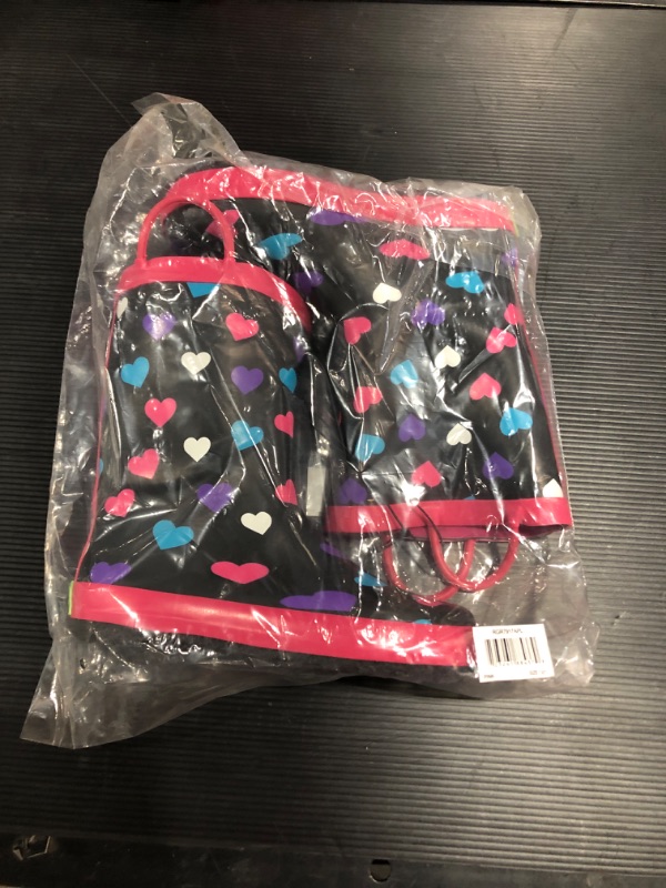 Photo 2 of Rainbow Daze Kids Rain Boots"Rainin' Hearts" Heart Pattern, Waterproof, Rubber, Black Pink, Size 13/1
