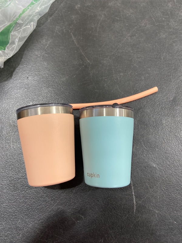 Photo 2 of Cupkin Toddler Straw Cups - The Original 8 oz Stackable Stainless Steel Cups for Kids - Set of 2 Powder Coated Insulated Straw Cup + BPA Free Lids + Reusable Silicone Straws (8oz Peach + Teal)
