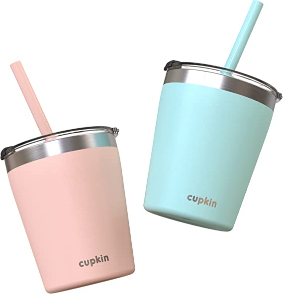 Photo 1 of Cupkin Toddler Straw Cups - The Original 8 oz Stackable Stainless Steel Cups for Kids - Set of 2 Powder Coated Insulated Straw Cup + BPA Free Lids + Reusable Silicone Straws (8oz Peach + Teal)
