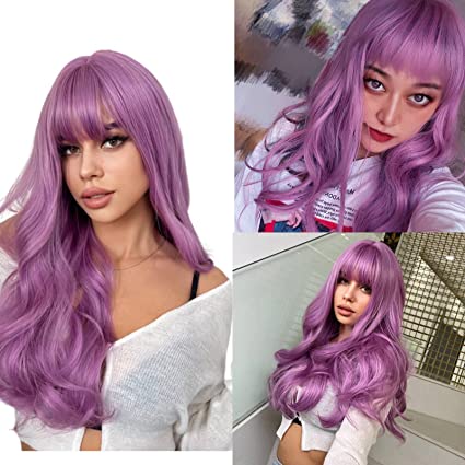 Photo 1 of XMAGJC Long Purple Wigs for Women Purple Wig with Air Bangs Purple Wavy Wigs Purple Synthetic Heat Resistant Wigs for Cosplay Party?26inch?
