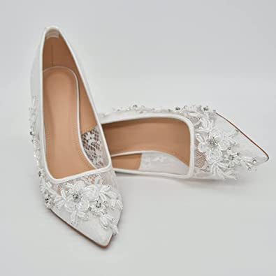 Photo 1 of Bridal Wedding Shoes, Women Pointed Toe Stiletto Pumps with Lace Embroidery, Size 39
