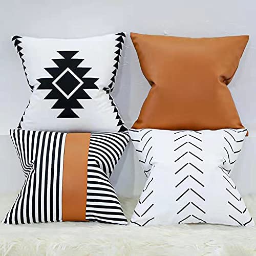 Photo 1 of  Boho Throw Pillow Covers 18x18 Set of 4 Decorative Pillow Covers for Couch Faux Leather Pillow Covers Black and White Farmhouse Pillow Covers for Bed,Living Room,Boho Decor,Boho Throw Pillows
