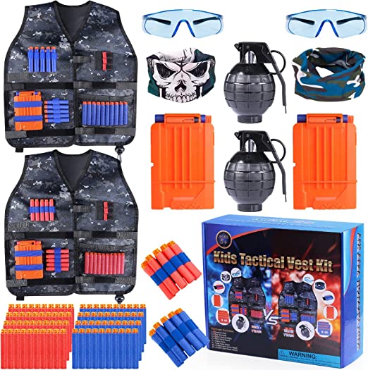 Photo 1 of GIFTINBOX 2 Pack Adjustable Kids Tactical Vest Kit for Nerf Guns N-Strike Elite Series with 80 Bullets Refill Darts 2 Toy G-renade, 2 Reload Clip, 2 Face Mask, 2 Protective Glasses for Kids Aged 5-8…
