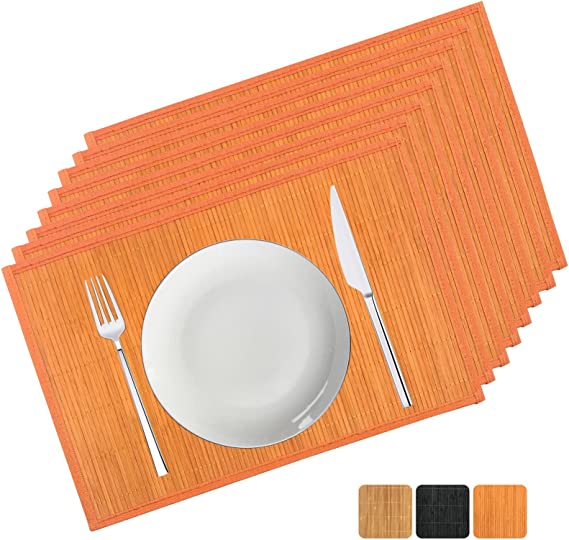 Photo 1 of ANDSTAR Set of 8 Pcs Bamboo Placemats with Fabric Border Japanese Style Natural Anti-Slip Bamboo Placemats Washable Heat-Resistant Table Mats for Dining Room and Kitchen?Orange?
