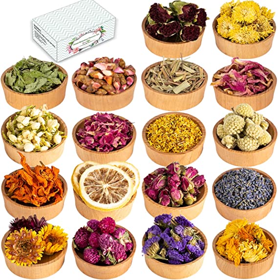 Photo 1 of XUXU Dried Flowers, 18 Pack Natural Dried Flower Herbs Kit for Bath, Bomb, Soap, Resin, Candle Making, Include Rose Petals, Rosebuds, Lavender, Jasmine Flowers, Lily, Lemon Slice and More
