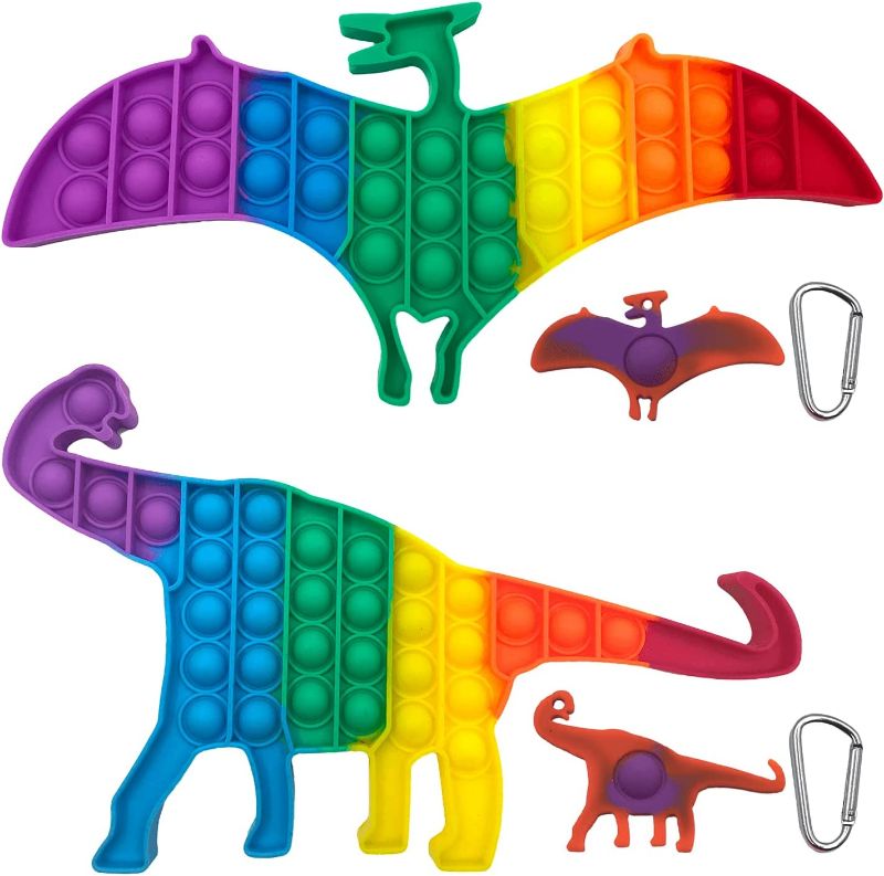 Photo 1 of 4 Pack Push Pop Big Size Dinosaurs Keychains Bubble Fidget Sensory Toy, Anxiety Relief Special Needs Stress Reliever (Rainbow)
