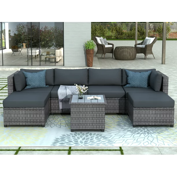 Photo 1 of 7 Piece Rattan Sectional Sofa Set, Outdoor Conversation Set, All-Weather Wicker Sectional Seating Group with Cushions & Coffee Table, Mordent Furniture Couch Set for Patio Deck Garden Pool, B722
BOX 2 OF 4 