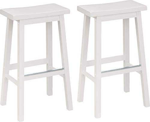 Photo 1 of Amazon Basics Solid Wood Saddle-Seat Kitchen Counter Barstool - Set of 2, 29-Inch Height, White
