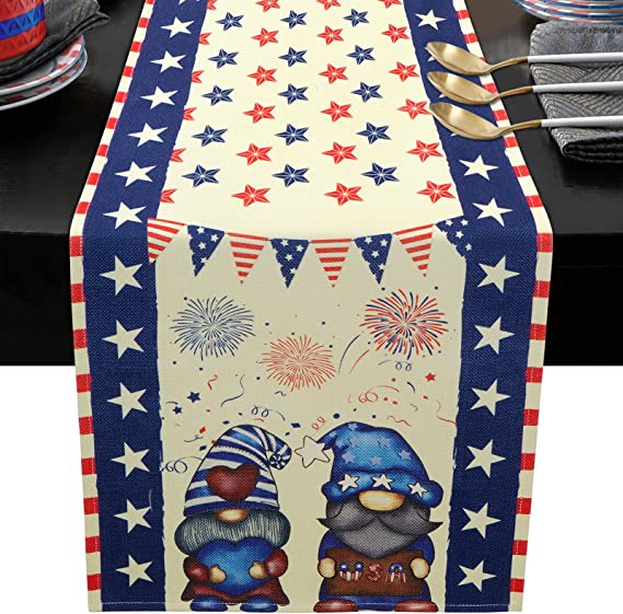 Photo 1 of ASPMIZ Independence Day Table Runner, 4th of July Memorial Day Decor Patriotic Stripes Star Gnome Table Runner Decorations for Indoor Outdoor Party, Home Kitchen Dining Table Decors, 14 x 72 Inch
