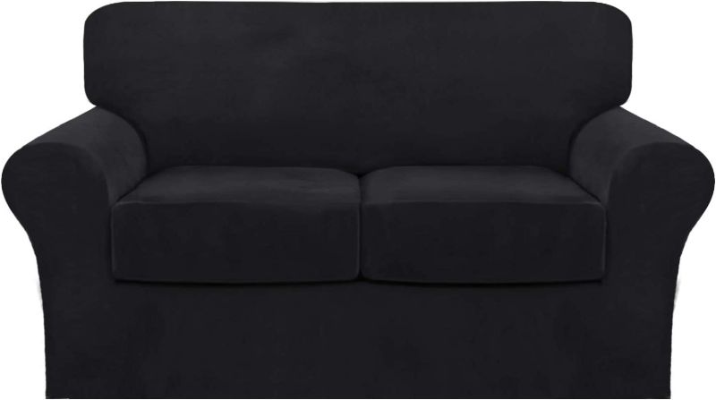 Photo 1 of 3 Piece Sofa Covers Velvet Couch Covers for 2 Cushion Couch Stretch Loveseat Slipcover with Individual Seat Cushion Covers Elastic Furniture Protector for Pets, Machine Washable (Loveseat, Black)