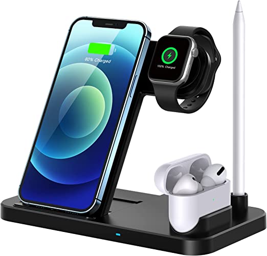 Photo 1 of Wireless Charger, 4 in 1 Fast Wireless Charging Station Compatible with Apple Watch Airpods Pro iPhone 12/12 Pro/11/11 Pro/8/X, Wireless Charging Stand Compatible with Samsung
