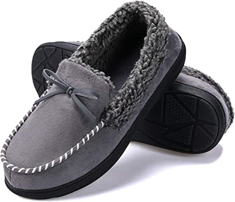 Photo 1 of PENNYSUE Men's Moccasin Slippers Memory Foam House Shoes,, Grey, Size 7-8
