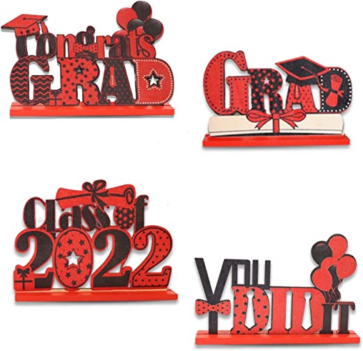 Photo 1 of 4 Pieces 2022 Graduation Party Decorations Wooden Class of Grad Congratulate Graduation Table Toppers for High School College Graduation Party Graduation Gifts?Red?
