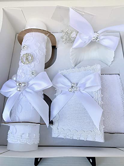 Photo 1 of Baptism White Candle Set with Lady of Guadalupe Medal and Pearls Details
