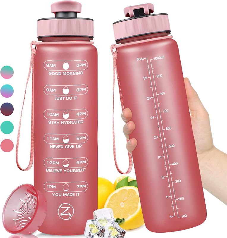 Photo 1 of 32oz Motivational Water Bottle with Times to Drink,Time Marker & Removable Strainer,Fast Flow,Leakproof Tritan BPA Free Non-Toxic Water Jug for Fitness,Gym,Sports,by Zomake
