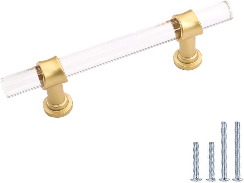 Photo 1 of 10 Pack | Peaha Acrylic Drawer Pulls Kitchen Cabinet Handle Gold Dresser Drawer Pull Brushed Brass Cabinet Hardware, 3in Hole Center, 5 Inch Overall Length
