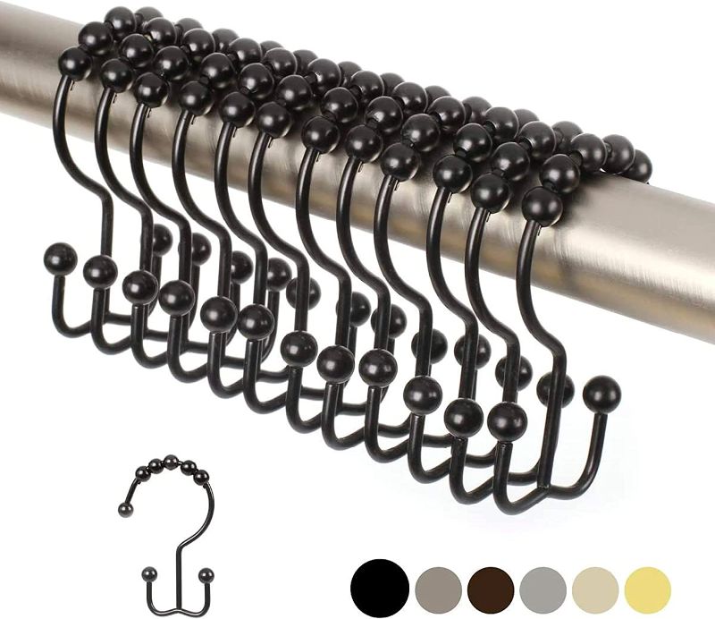 Photo 1 of 2lbDepot Double Shower Curtain Hooks Rings (Matte Black Decorative Finish) Premium Rust Resistant Stainless Steel Metal Hook, Roller Balls Glide on Shower Rods, Set of 12
