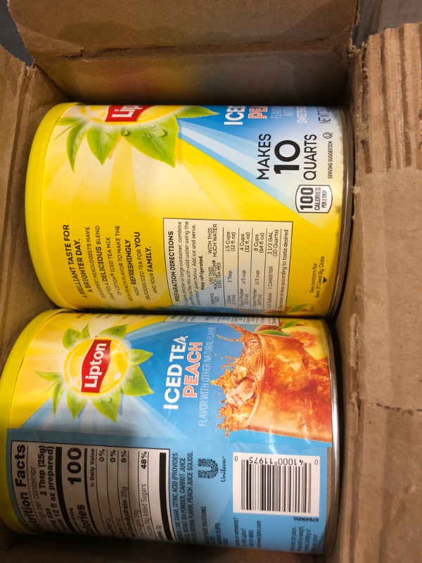 Photo 2 of (6 pack) Lipton Iced Tea Mix Peach, 10 Qt, 26.8 Oz Canister
BB: 06/10/2023
