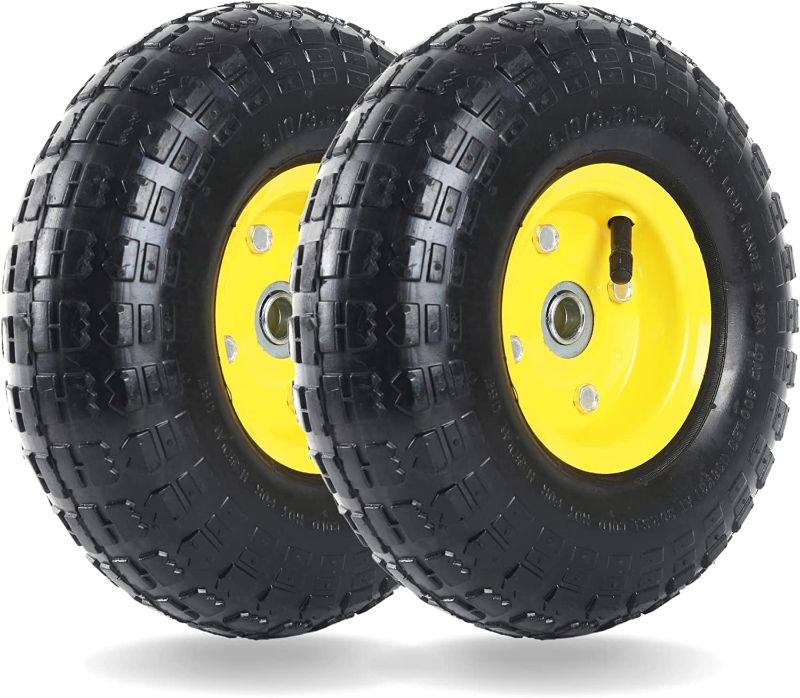 Photo 1 of (2 Pack) AR-PRO 4.10/3.50-4" All Purpose Utility Air Tires/ yellow Wheels with 10" Inner Tube, 5/8" Axle Bore Hole, 2.2" Offset Hub and Double Sealed Bearings for Hand Trucks and Gorilla Cart
