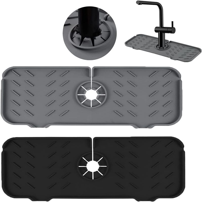 Photo 1 of 2pk of Kitchen Faucet Sink Splash Guard, Silicone Faucet Water Catcher Mat – Sink Draining Pad Behind Faucet, Grey  and black Rubber Drying Mat for Kitchen & Bathroom Countertop Protect
