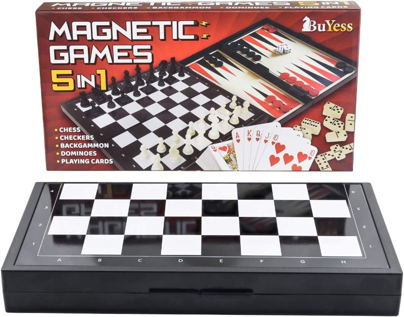 Photo 1 of 5 in 1 Mini Magnetic Chess Checkers Dominoes Backgammon and Cards Set, Small Travel Size Board Games
