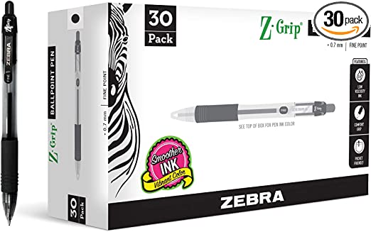 Photo 1 of Zebra Pen Z-Grip Retractabe Ballpoint Pen, Fine Point, 0.7mm, Black Ink, 30-Pack
