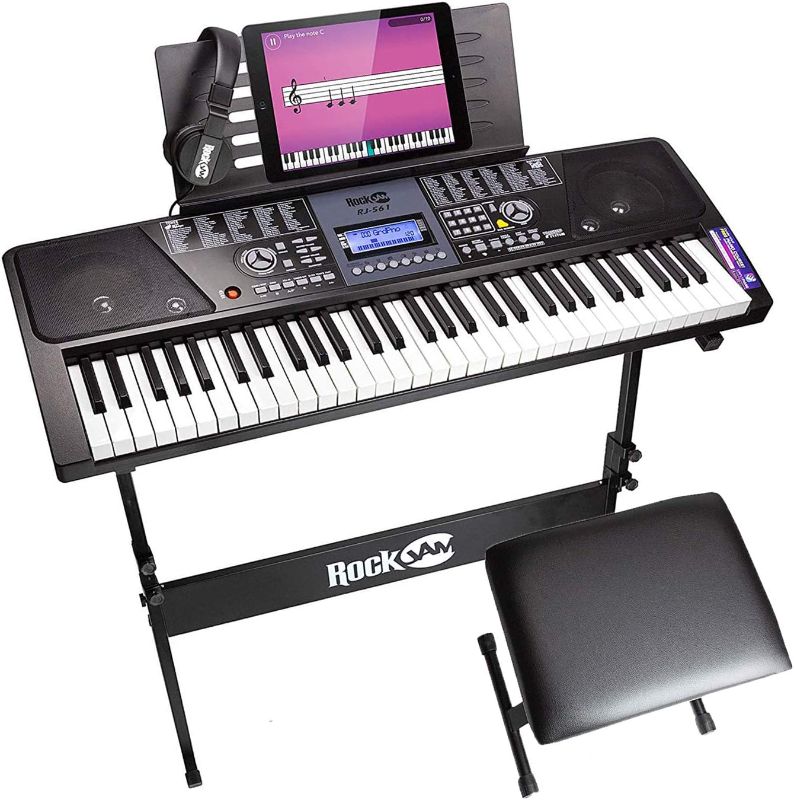 Photo 1 of RockJam 61 Key Keyboard Piano With LCD Display Kit, Keyboard Stand, Piano Bench, Headphones, Simply Piano App & Keynote Stickers
