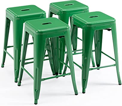 Photo 1 of 24" High Barstools Backless Green Metal Barstool Indoor-Oudoor Counter Height Stool with Square Seat, Set of 4
