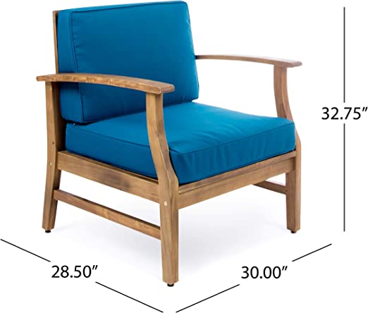 Photo 1 of Christopher Knight Home 302226 Perla Outdoor Acacia Wood Club Chairs with Water Resistant Cushions 1 Set, Teak Finish/Blue