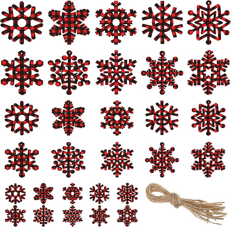 Photo 1 of 30 Pieces Christmas Wooden Snowflake Ornaments Buffalo Plaid Snowflakes Wood Slices Decorations for DIY Crafts Christmas Tree Hanging Ornaments Holiday Decorations (4 inch, 3 inch, 2.4 inch) 3 PACK
