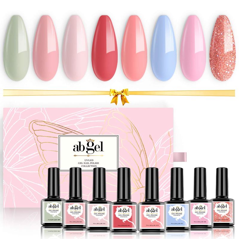 Photo 1 of Abgel Gel Nail Polish Kit,8 pcs Gentle Peach Color Series Gel Polish Starter Set UV LED Lamp Soak Off Nail Polish Gel Manicure Set for Home Nail Art Color Salon Popular Summer Colors
