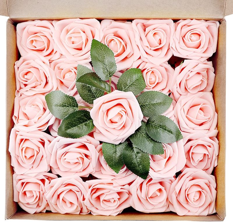 Photo 1 of 25 Pieces Valentine's Day Artificial Rose Flowers Decoration Realistic Fake Flowers Faux Foam Blush Pink Roses Bulk with Stem for Valentine's Day Gift Wedding DIY Craft Bouquets Bridal Party Decor
