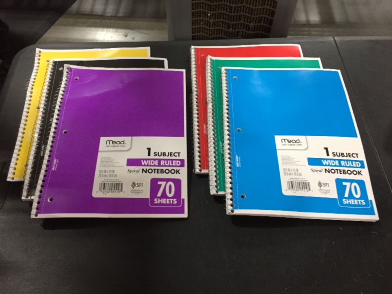 Photo 2 of Mead Spiral Notebooks, 6 Pack, 1-Subject, Wide Ruled Paper, 10-1/2" x 8", 70 Sheets per Notebook, Assorted Colors (73063)
