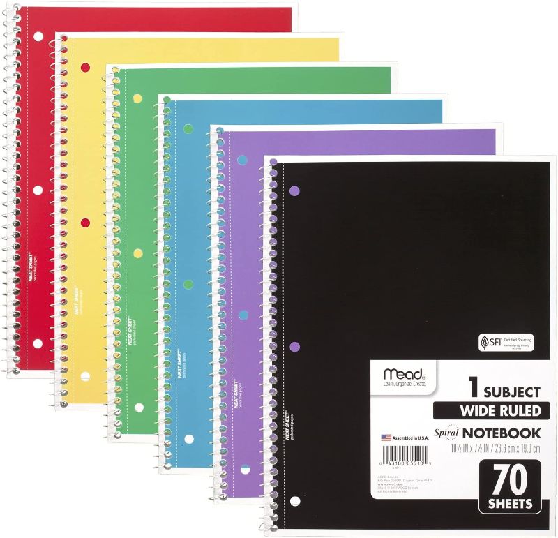 Photo 1 of Mead Spiral Notebooks, 6 Pack, 1-Subject, Wide Ruled Paper, 10-1/2" x 8", 70 Sheets per Notebook, Assorted Colors (73063)
