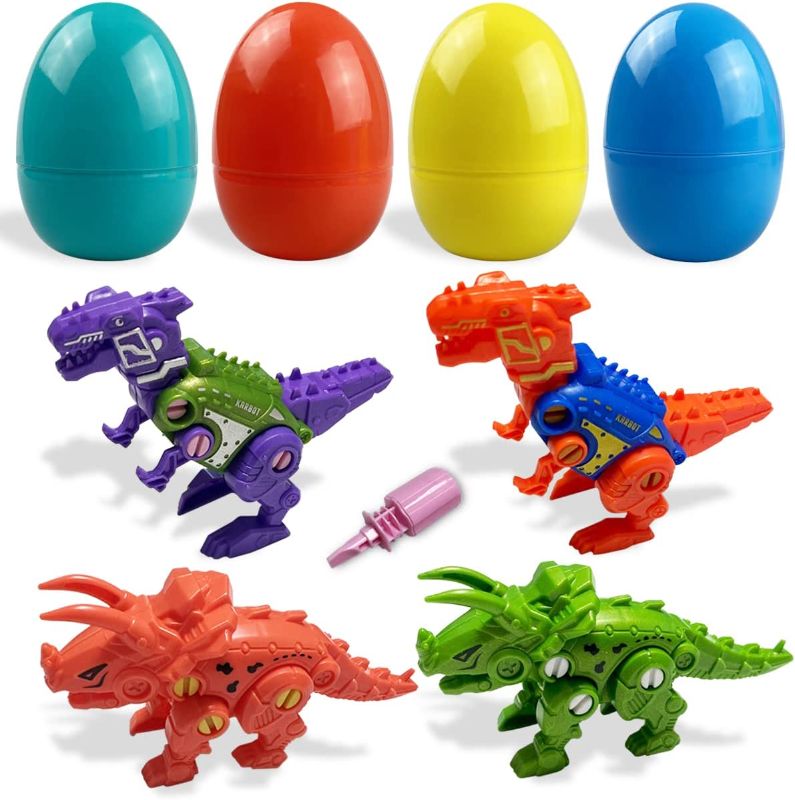 Photo 1 of Jofan 4 Pack Jumbo Take Apart Dinosaur Eggs Prefilled Plastic Eggs with Toys Inside for Kids Boys Girls Party Favors Birthday Gifts
