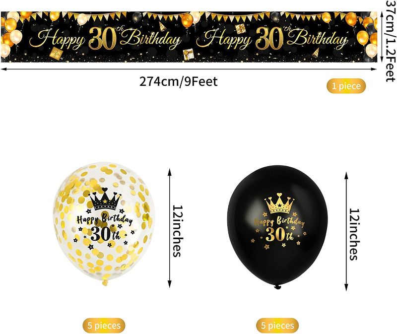 Photo 1 of ADXCO Black and Gold 30th Anniversary Birthday Party Set Including Banner 5 Black Gold Latex Balloons 5 Sequined Balloon 274 x 37 cm Large Happy Birthday Sign Backdrop and Decoration
