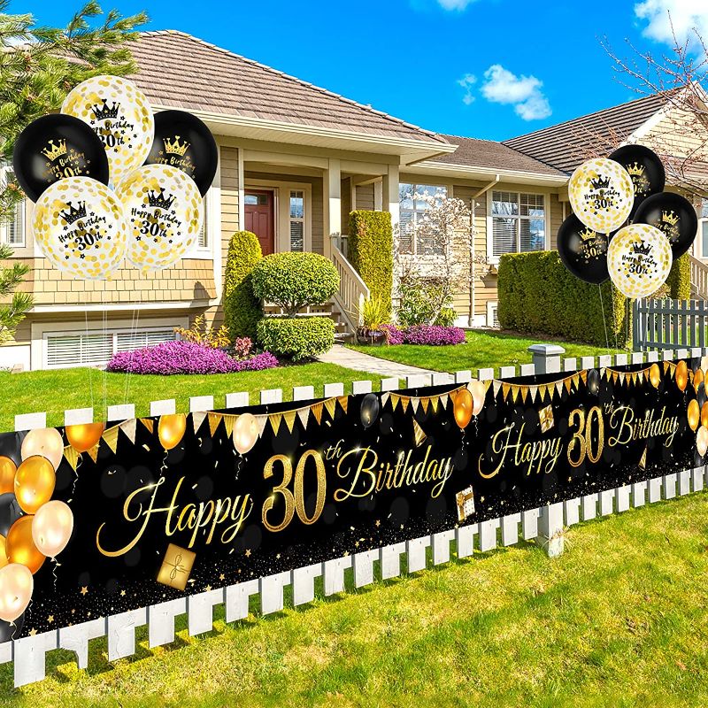 Photo 2 of ADXCO Black and Gold 30th Anniversary Birthday Party Set Including Banner 5 Black Gold Latex Balloons 5 Sequined Balloon 274 x 37 cm Large Happy Birthday Sign Backdrop and Decoration
