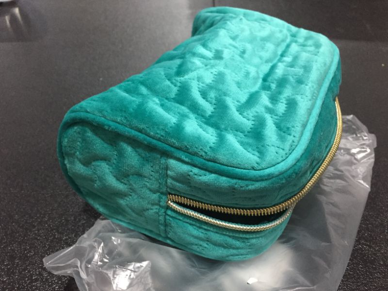 Photo 2 of NoraKatarina Velvet Quilted Small Makeup Bag for Purse - Zipper Pouch - Emerald Green Aqua Cosmetic Bag Organizer - Stitch Cosmetic Pouch - Elegant Velvet Makeup Pouch for Women