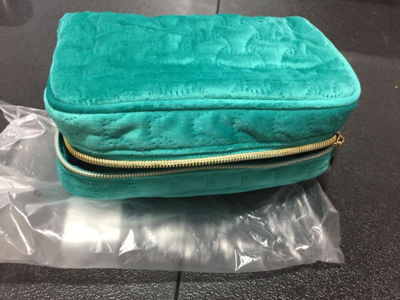 Photo 3 of NoraKatarina Velvet Quilted Small Makeup Bag for Purse - Zipper Pouch - Emerald Green Aqua Cosmetic Bag Organizer - Stitch Cosmetic Pouch - Elegant Velvet Makeup Pouch for Women