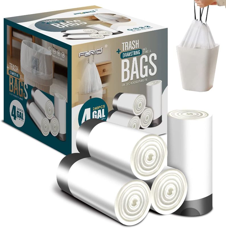 Photo 1 of FORID Small Drawstring Trash Bags - 4 Gallon Plastic Garbage Bags 240 Counts White Trash Can Liners 15 Liter for Bathroom Restroom Bedroom Office Toilet
